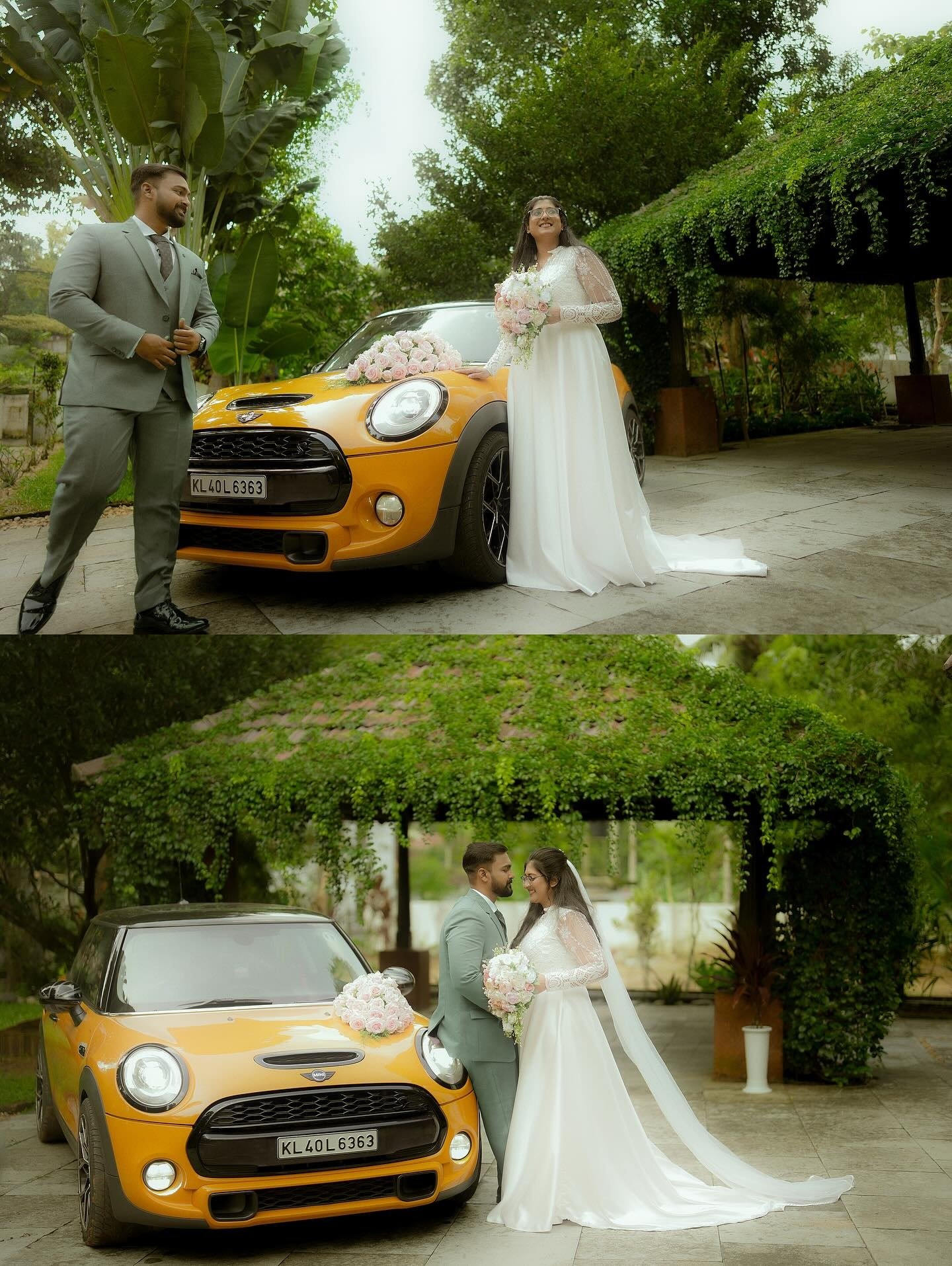 A bride stepping from an orange car with her bouquet